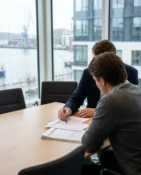 Rådgivningsmöte där bokslut gås igenom vid ett konferensbord